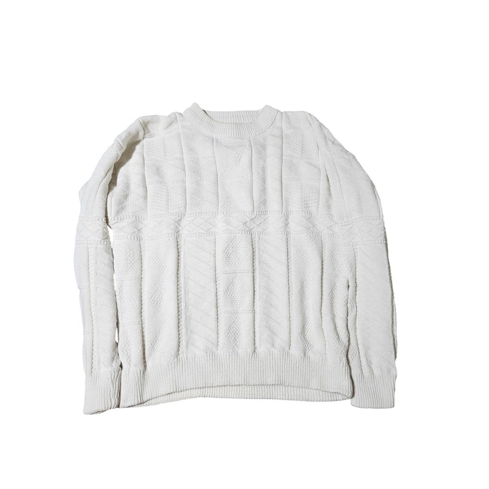 Vintage JJ Cochran Mens Large White Cotton Textured Cable Knit Sweater Made USA